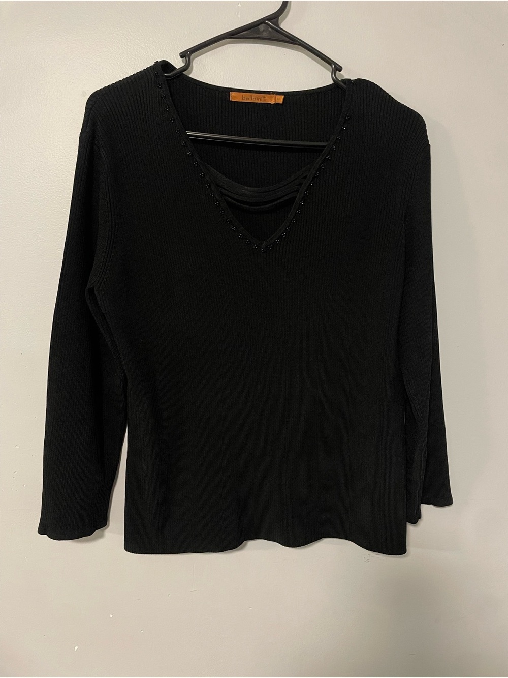 Belldini Black Ribbed V-Neck Sweater with Bead Accent
